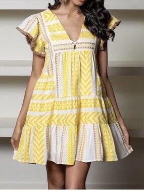 THML Yellow and White Patterned V-Neck Mini Cotton Dress